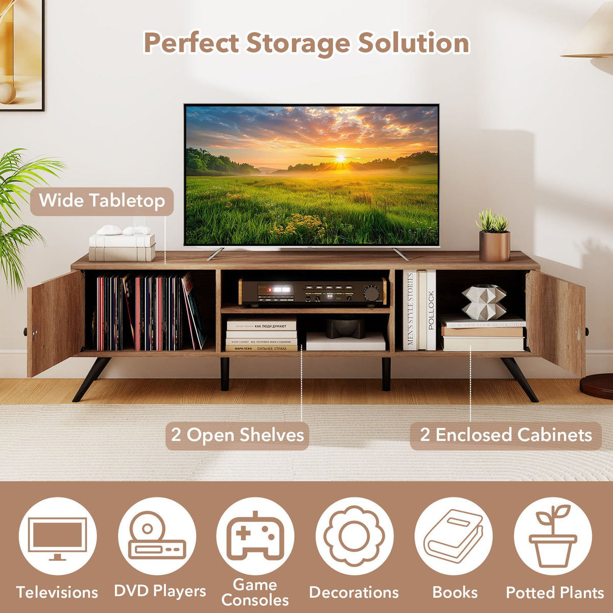 2-Door TV Stand for TVs up to 65 Inch with Open Shelves-Oak view 9