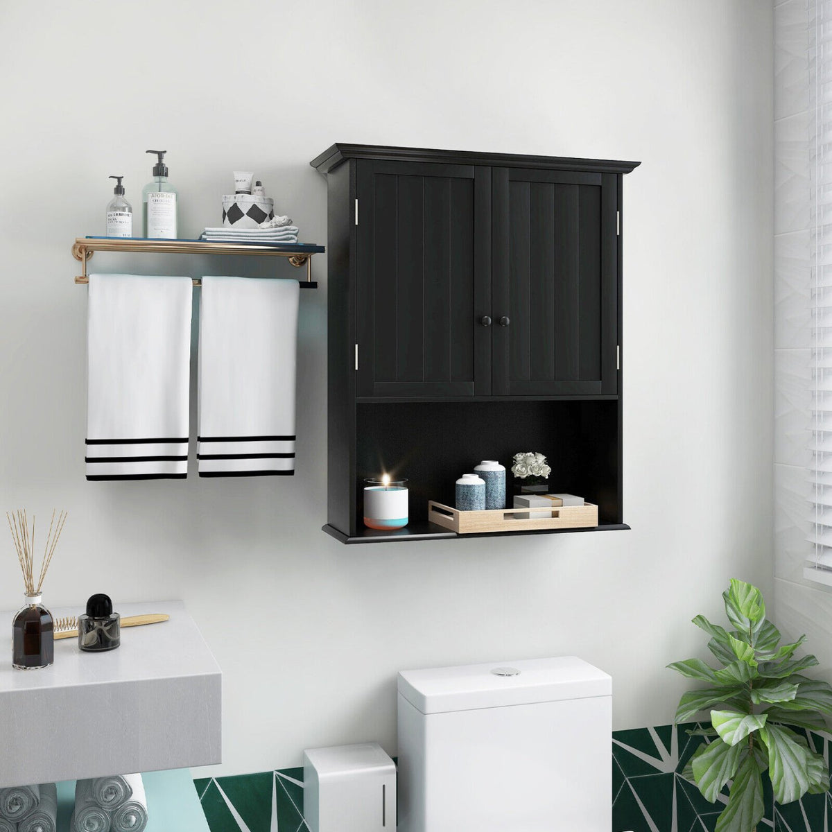 2-Door Wall Mount Bathroom Storage Cabinet with Open Shelf-Black view 2