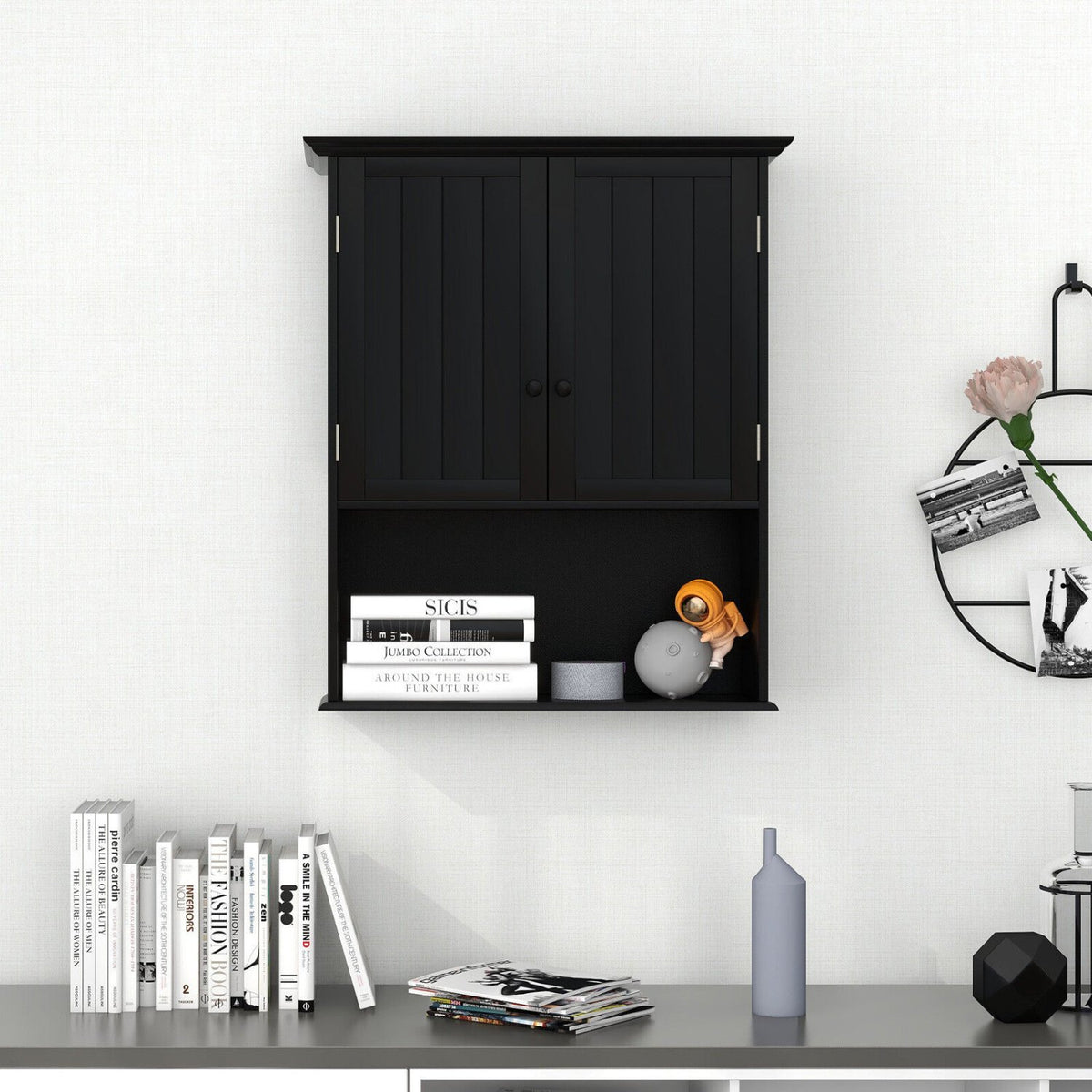 2-Door Wall Mount Bathroom Storage Cabinet with Open Shelf-Black view 3