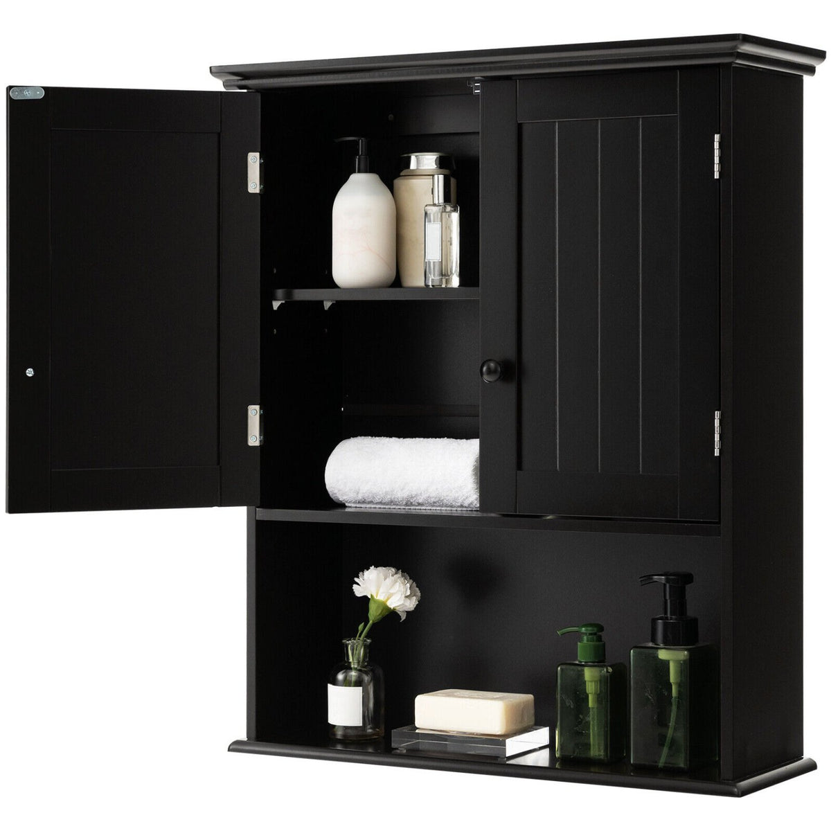 2-Door Wall Mount Bathroom Storage Cabinet with Open Shelf-Black view 4