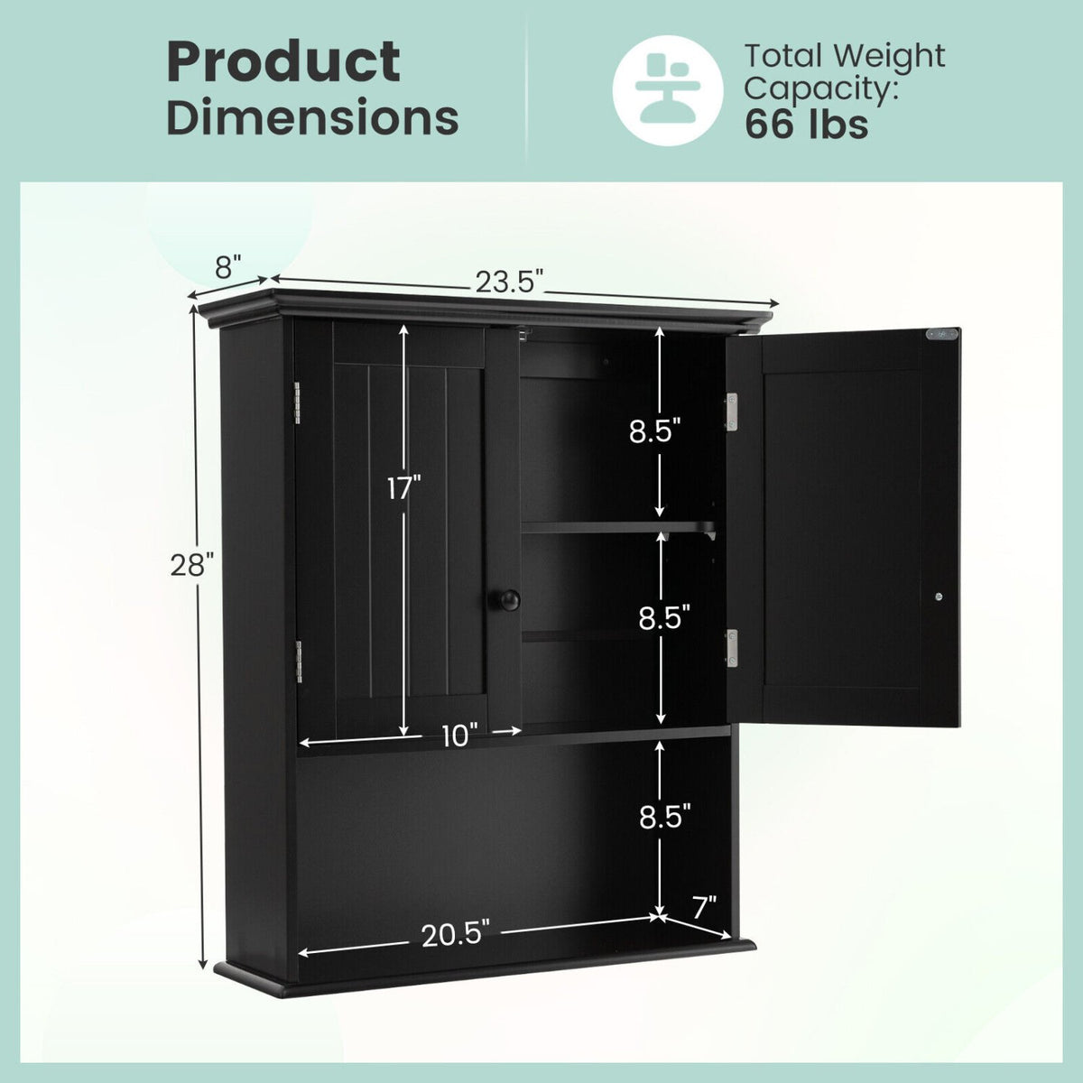 2-Door Wall Mount Bathroom Storage Cabinet with Open Shelf-Black view 5