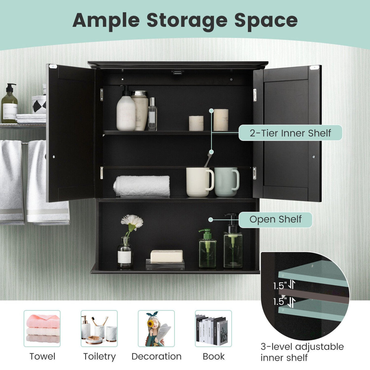2-Door Wall Mount Bathroom Storage Cabinet with Open Shelf-Black view 7