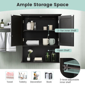 2-Door Wall Mount Bathroom Storage Cabinet with Open Shelf-Black view 7