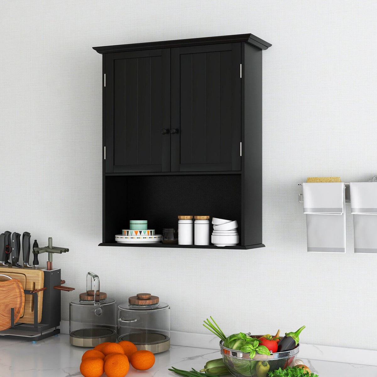 2-Door Wall Mount Bathroom Storage Cabinet with Open Shelf-Black view 8
