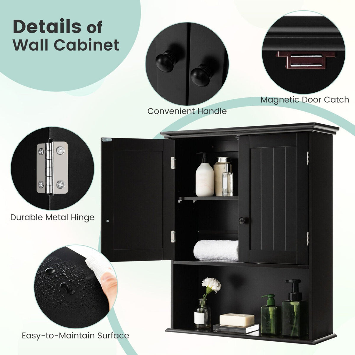 2-Door Wall Mount Bathroom Storage Cabinet with Open Shelf-Black view 9