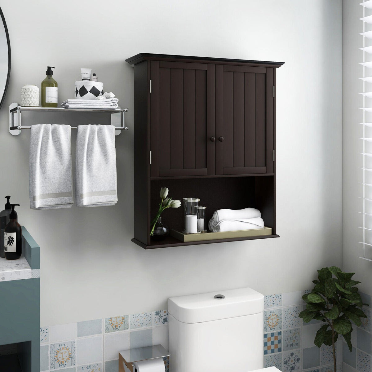 2-Door Wall Mount Bathroom Storage Cabinet with Open Shelf-Espresso view 2