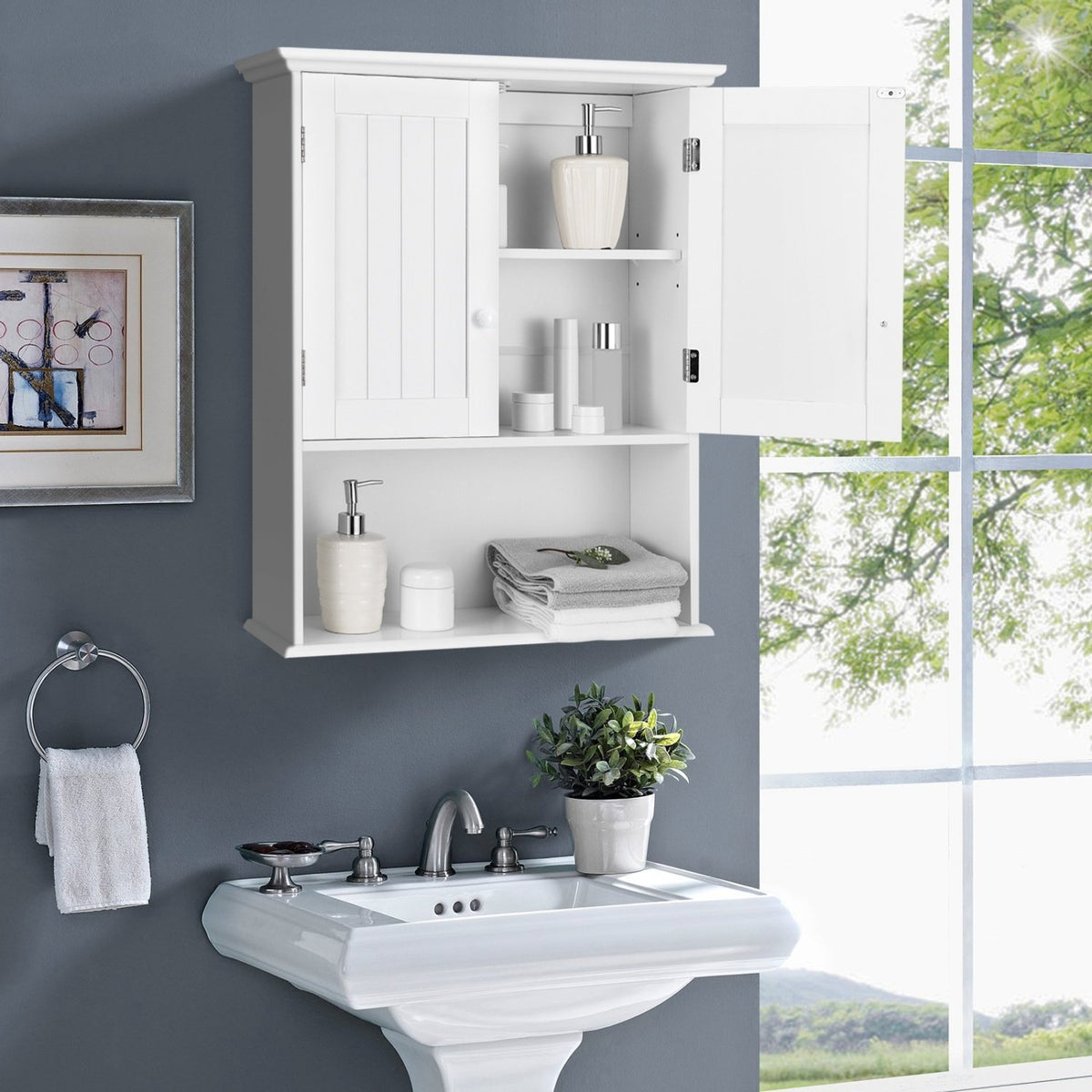 2-Door Wall Mount Bathroom Storage Cabinet with Open Shelf in White view 2