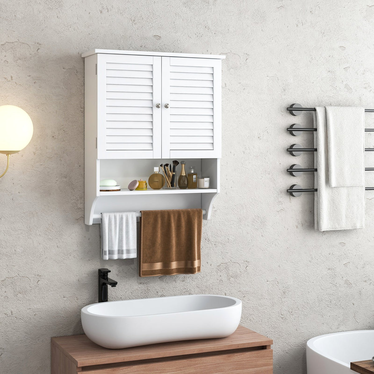 2-Doors Bathroom Wall-Mounted Medicine Cabinet with Towel Bar-White view 2