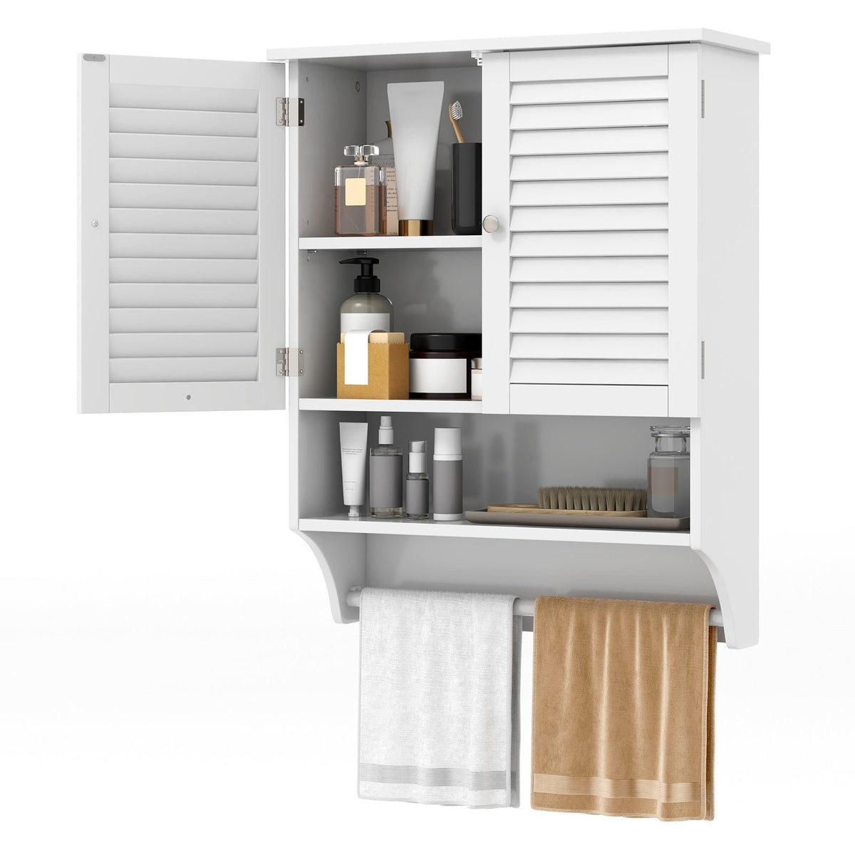 2-Doors Bathroom Wall-Mounted Medicine Cabinet with Towel Bar-White view 4