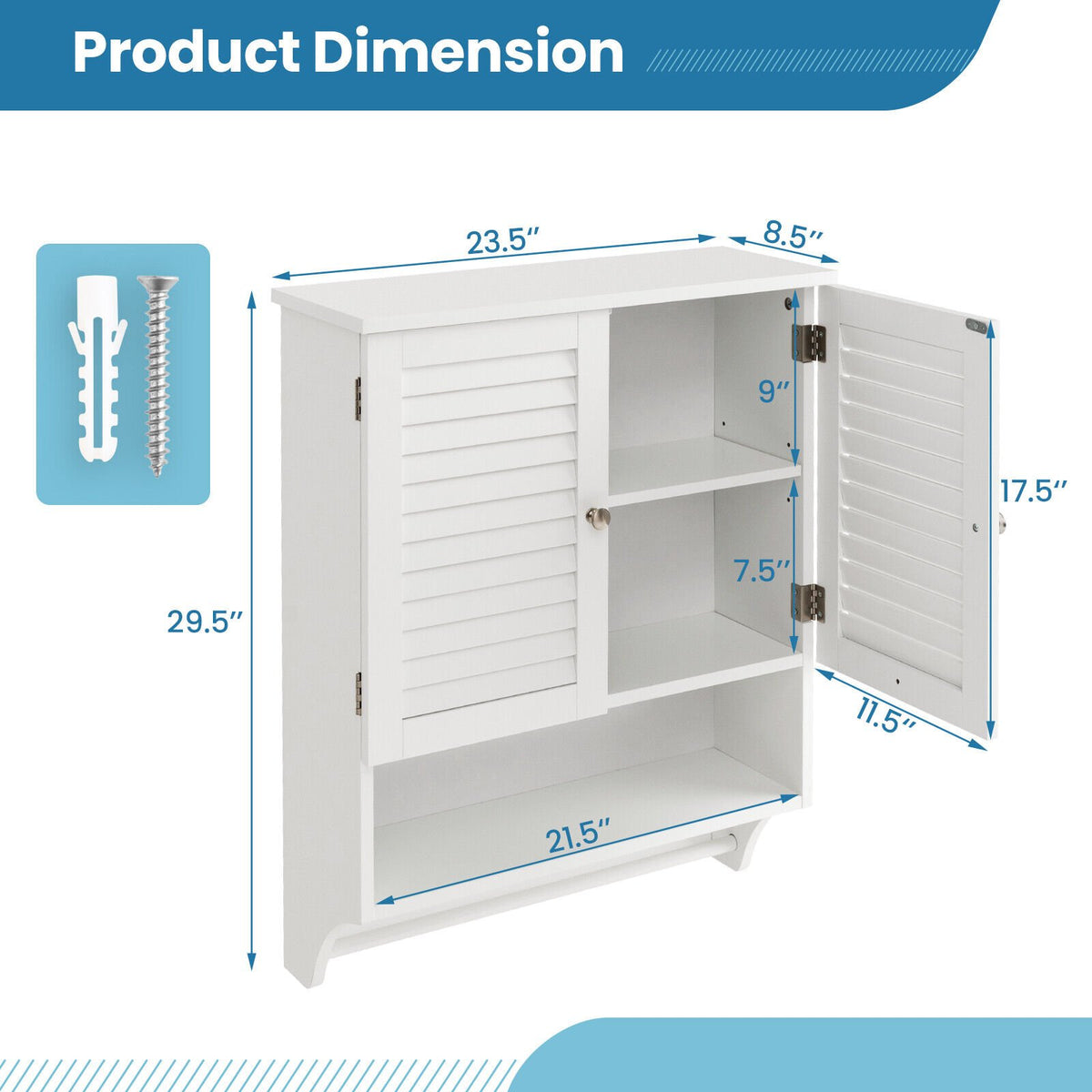 2-Doors Bathroom Wall-Mounted Medicine Cabinet with Towel Bar-White view 5
