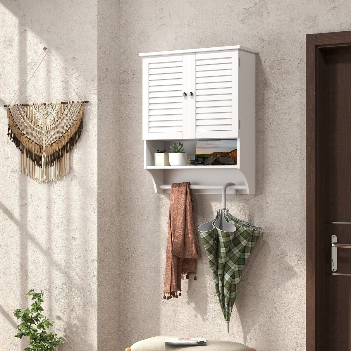 2-Doors Bathroom Wall-Mounted Medicine Cabinet with Towel Bar-White view 6
