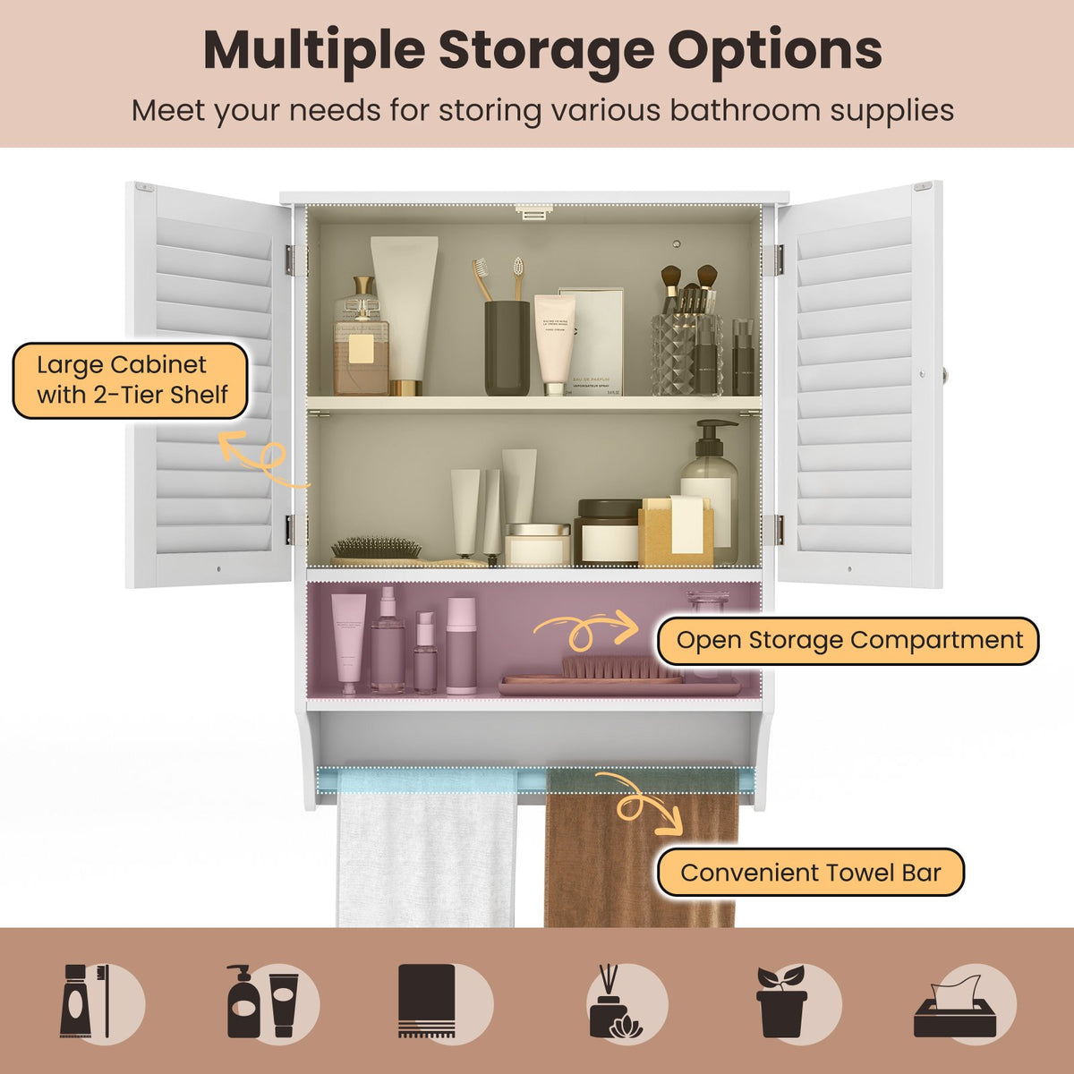 2-Doors Bathroom Wall-Mounted Medicine Cabinet with Towel Bar-White view 7
