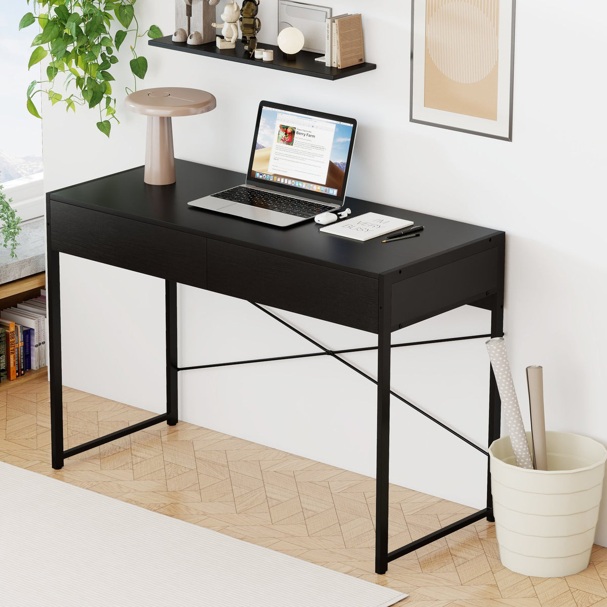 2-Drawer Home Office Desk with Steel Frame-Black view 2