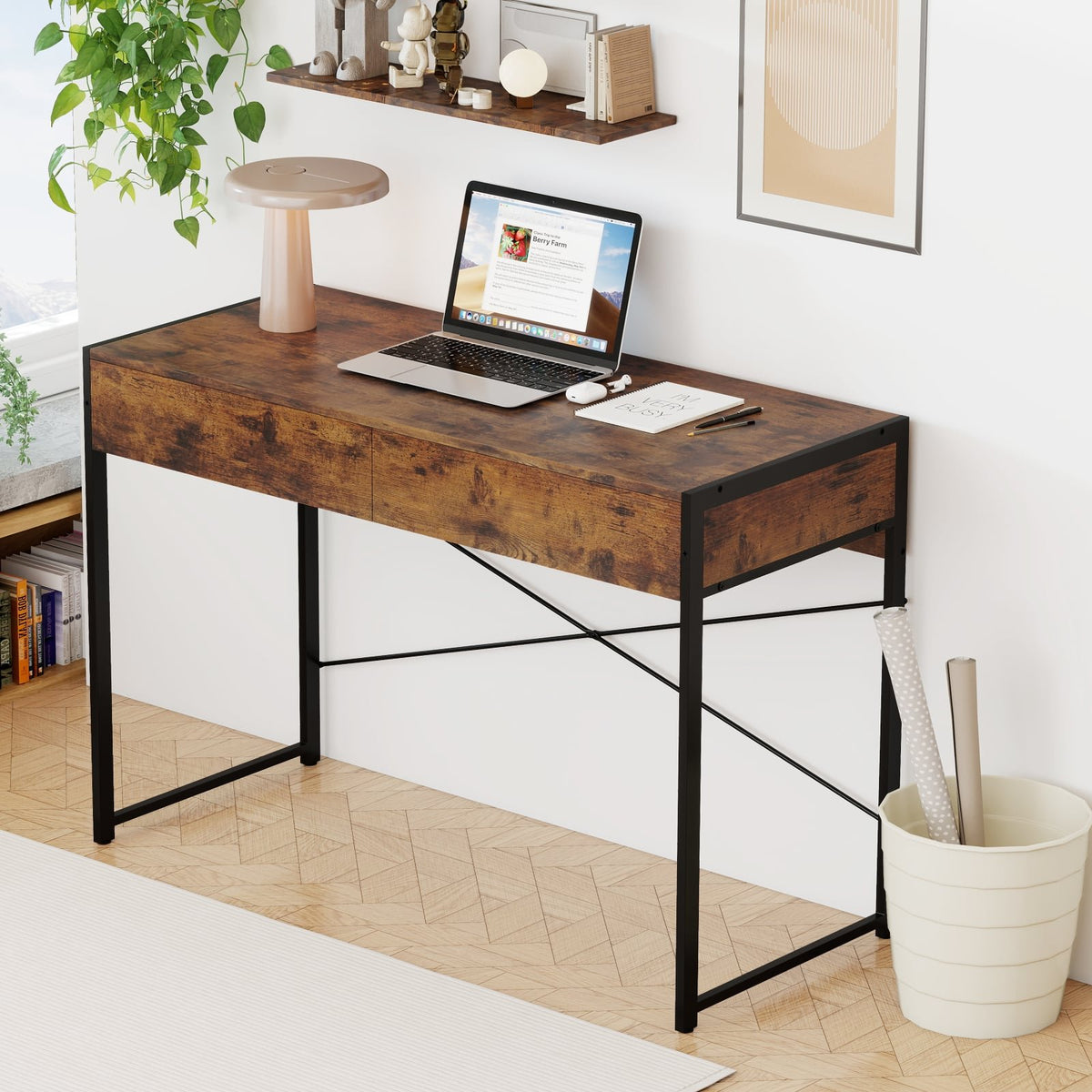 2-Drawer Home Office Desk with Steel Frame-Brown view 2