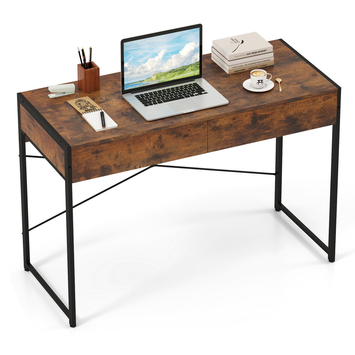 2-Drawer Home Office Desk with Steel Frame-Brown view 4