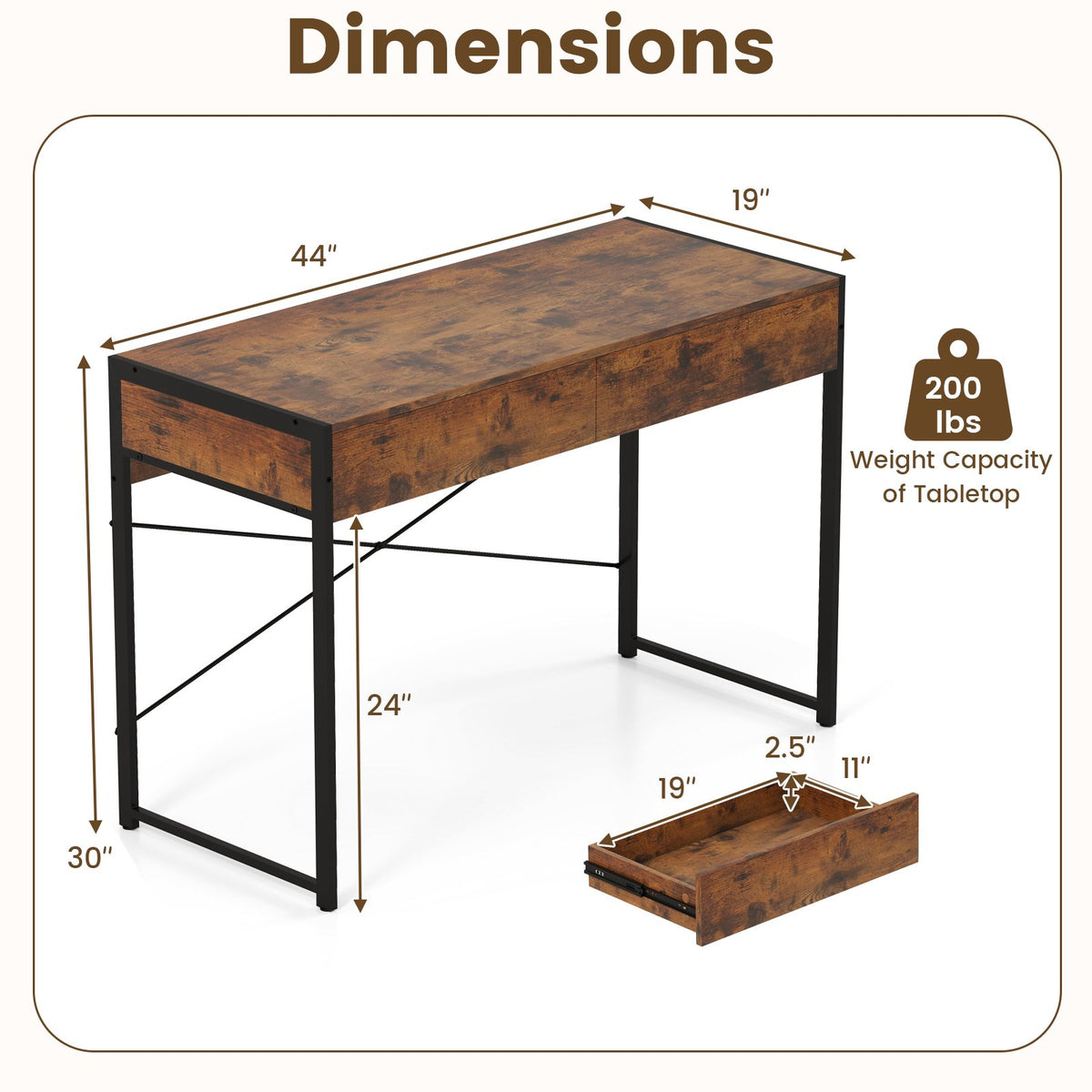 2-Drawer Home Office Desk with Steel Frame-Brown view 5