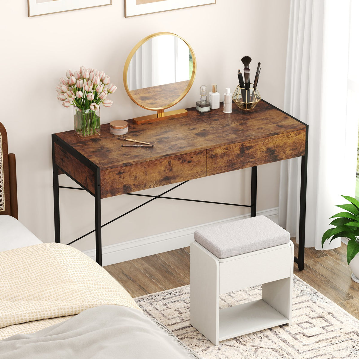 2-Drawer Home Office Desk with Steel Frame-Brown view 7