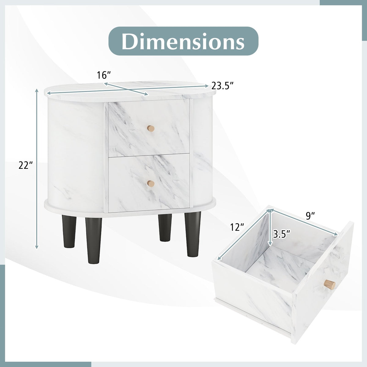 2-Drawer Nightstand Modern Faux Marble Bedside Table with Storage-White view 5