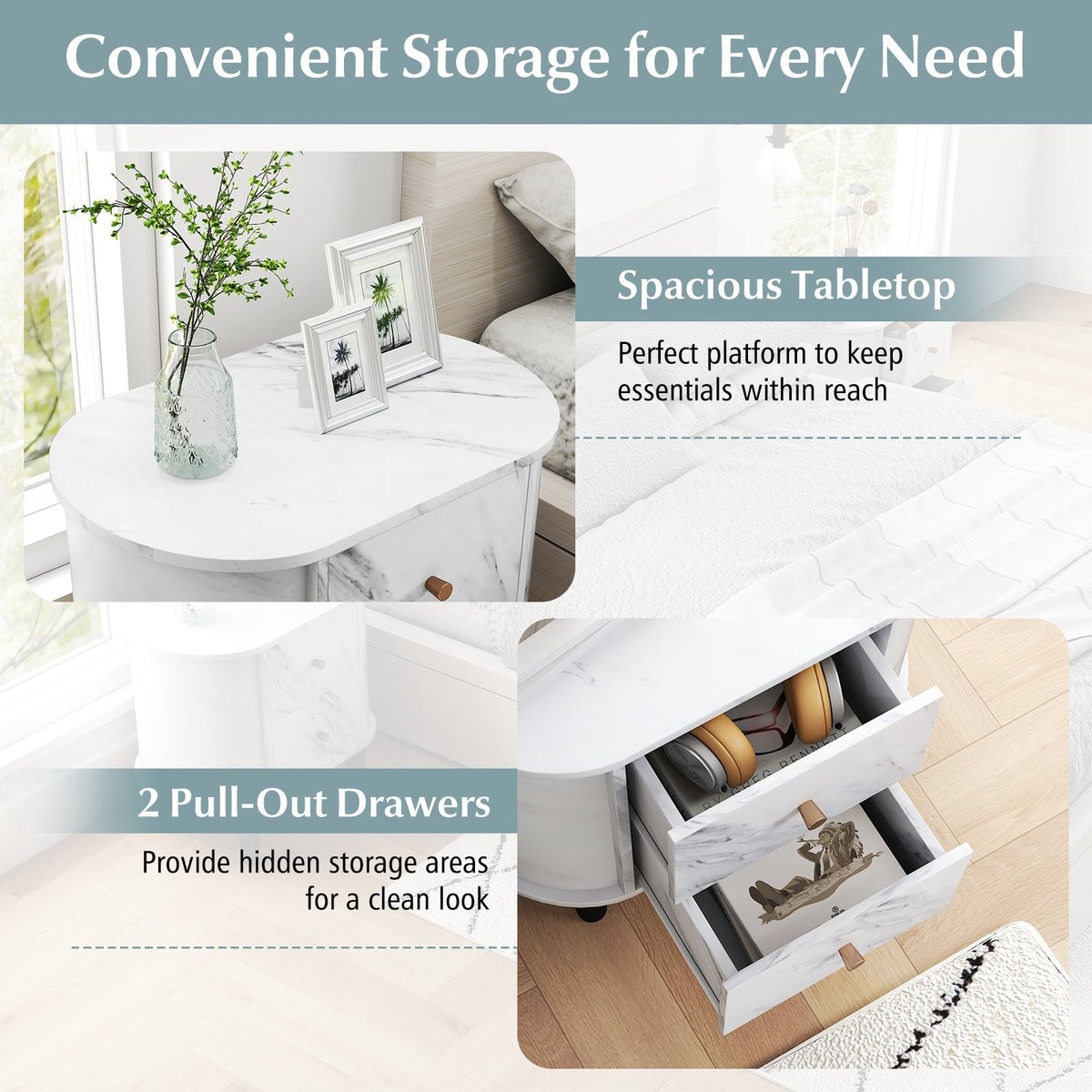 2-Drawer Nightstand Modern Faux Marble Bedside Table with Storage-White view 8