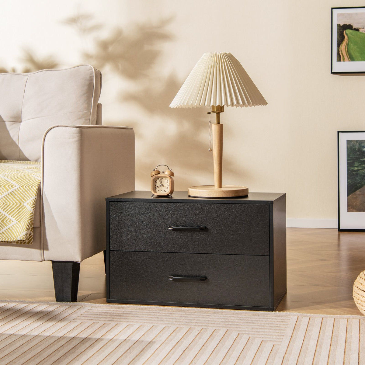 2-Drawer Stackable Horizontal Storage Cabinet Dresser Chest with Handles-Black view 2