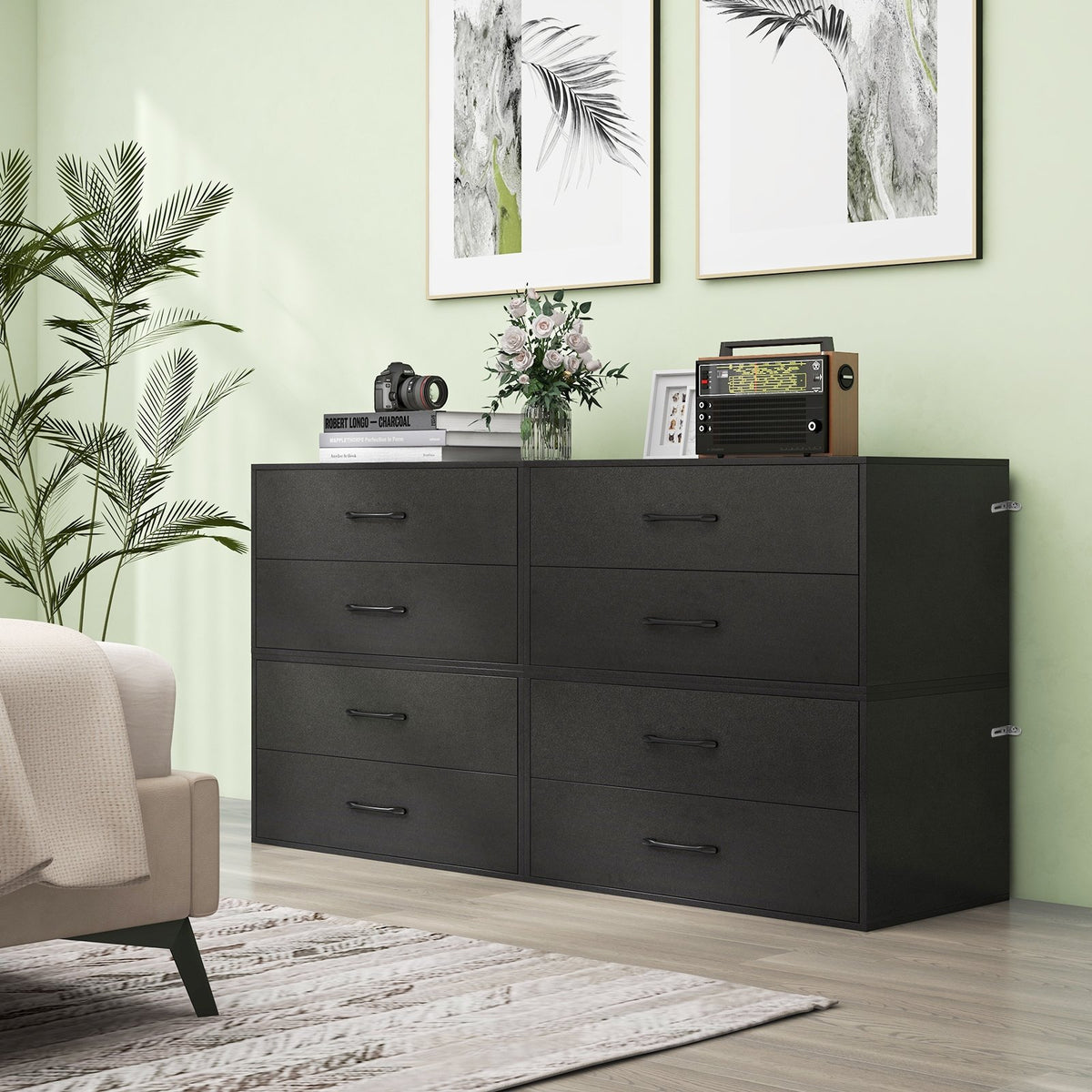 2-Drawer Stackable Horizontal Storage Cabinet Dresser Chest with Handles-Black view 3