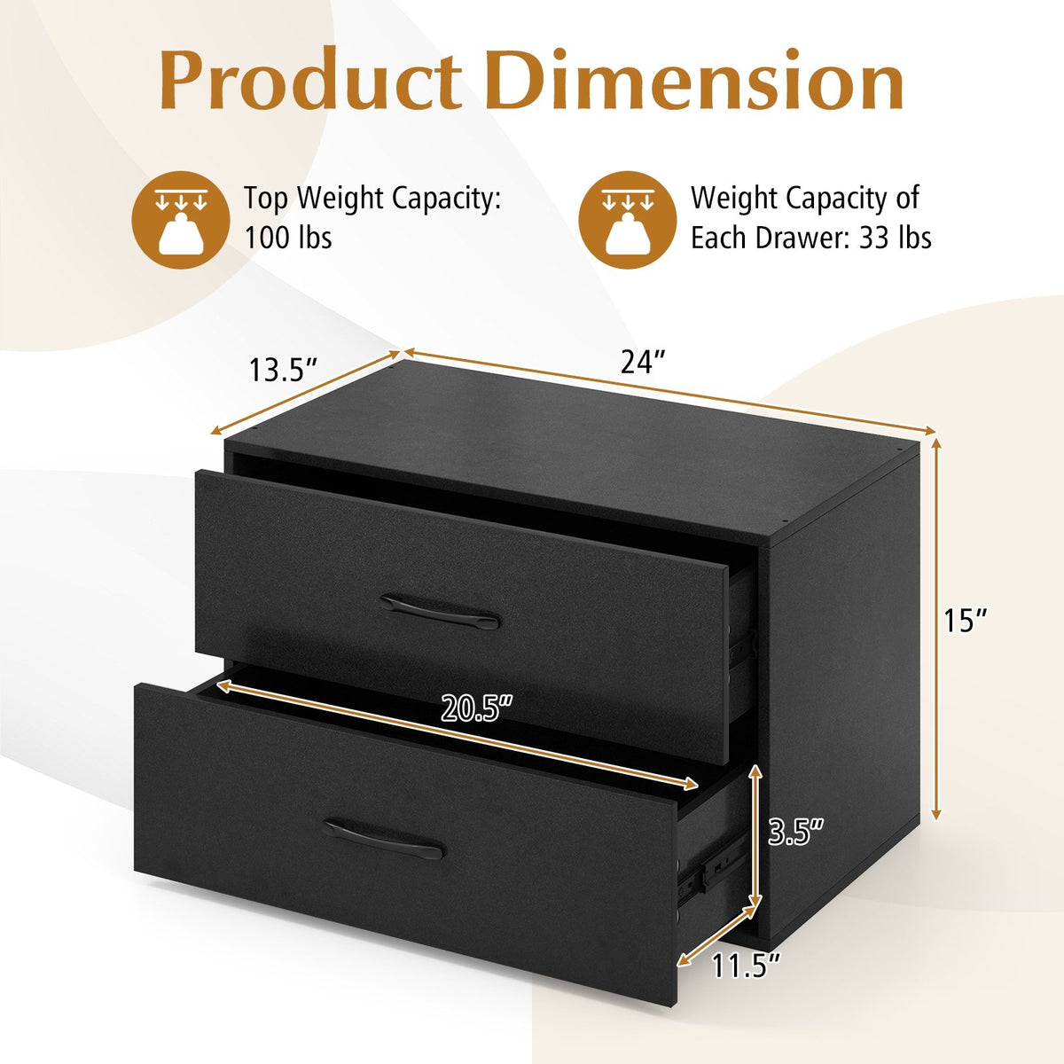 2-Drawer Stackable Horizontal Storage Cabinet Dresser Chest with Handles-Black view 5