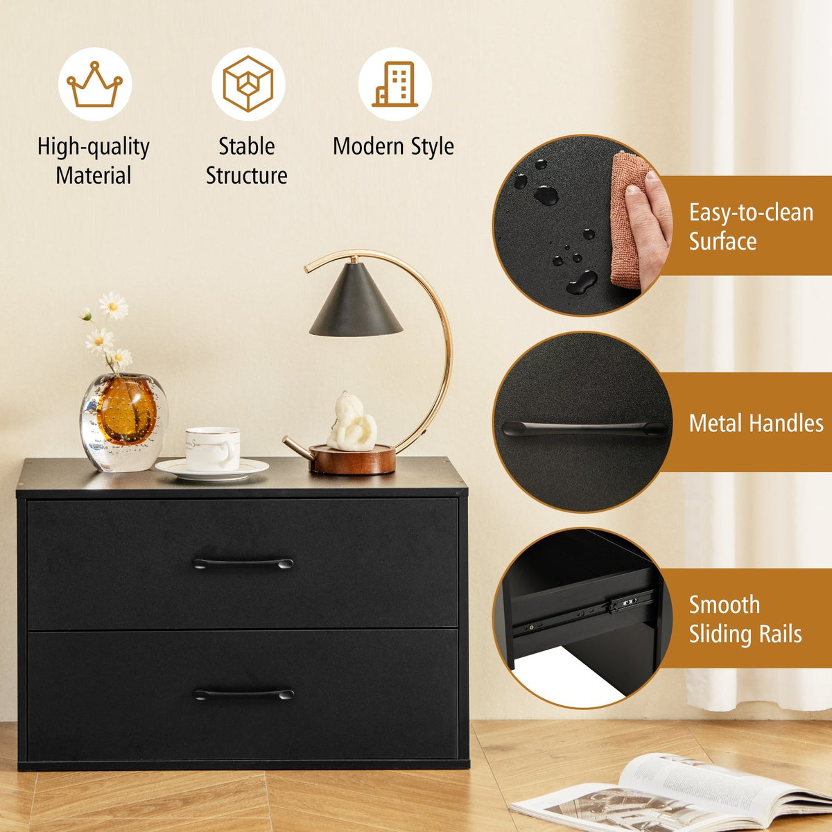 2-Drawer Stackable Horizontal Storage Cabinet Dresser Chest with Handles-Black view 7