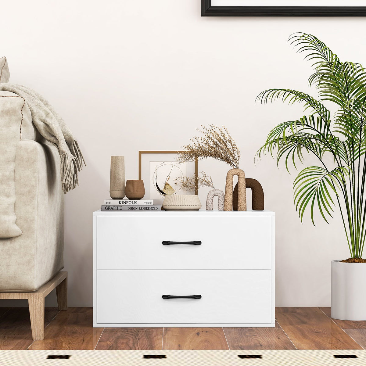 2-Drawer Stackable Horizontal Storage Cabinet Dresser Chest with Handles-White view 2