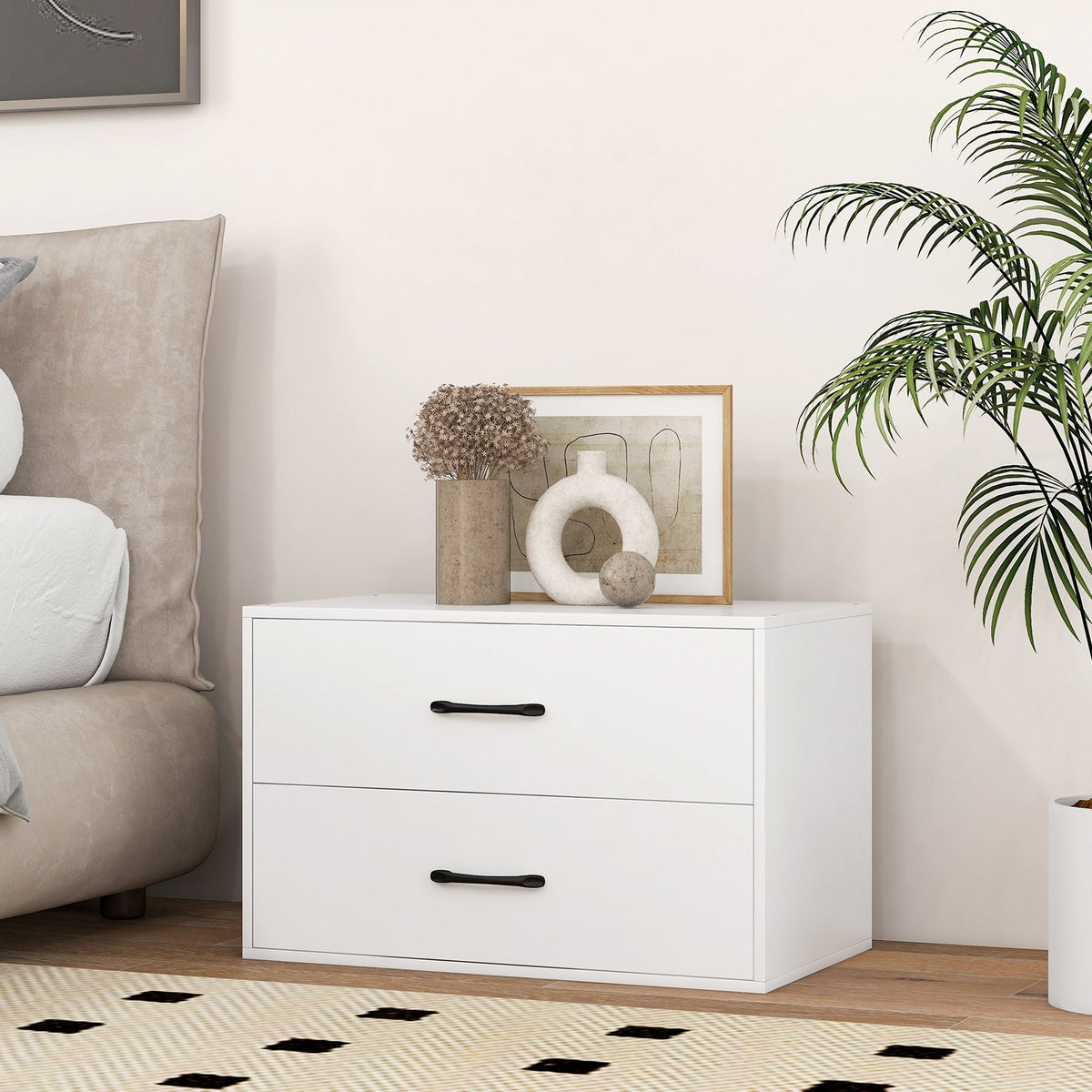 2-Drawer Stackable Horizontal Storage Cabinet Dresser Chest with Handles-White view 3