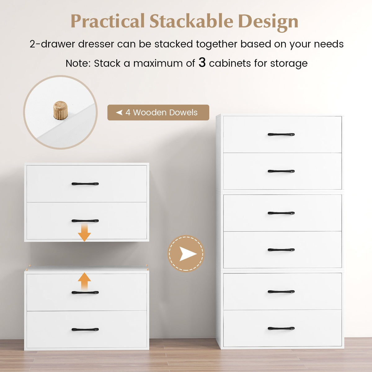 2-Drawer Stackable Horizontal Storage Cabinet Dresser Chest with Handles-White view 7