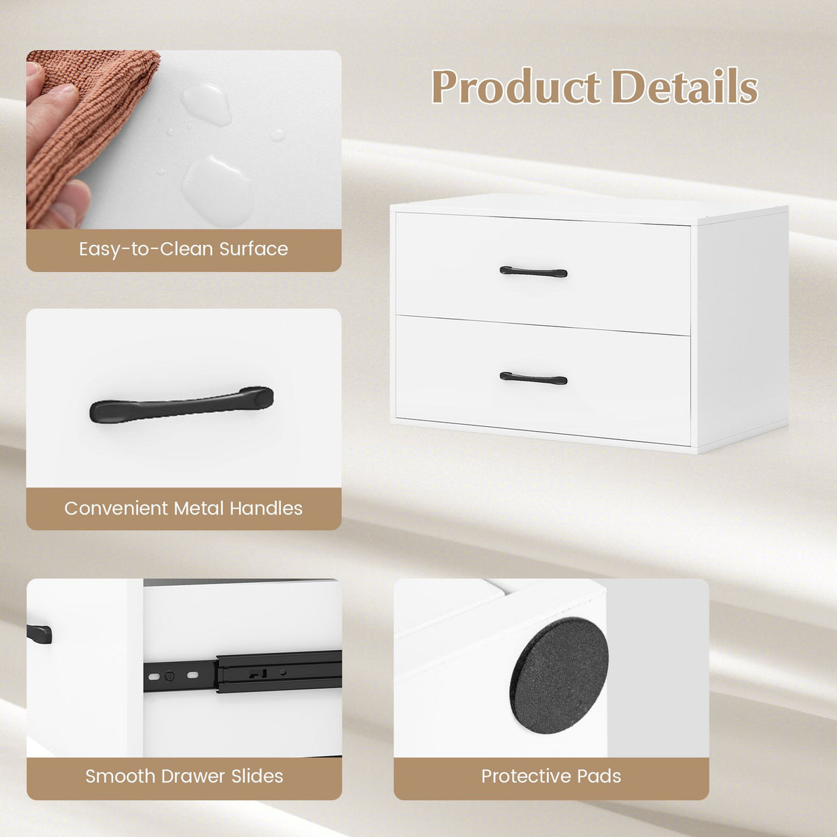 2-Drawer Stackable Horizontal Storage Cabinet Dresser Chest with Handles-White view 9