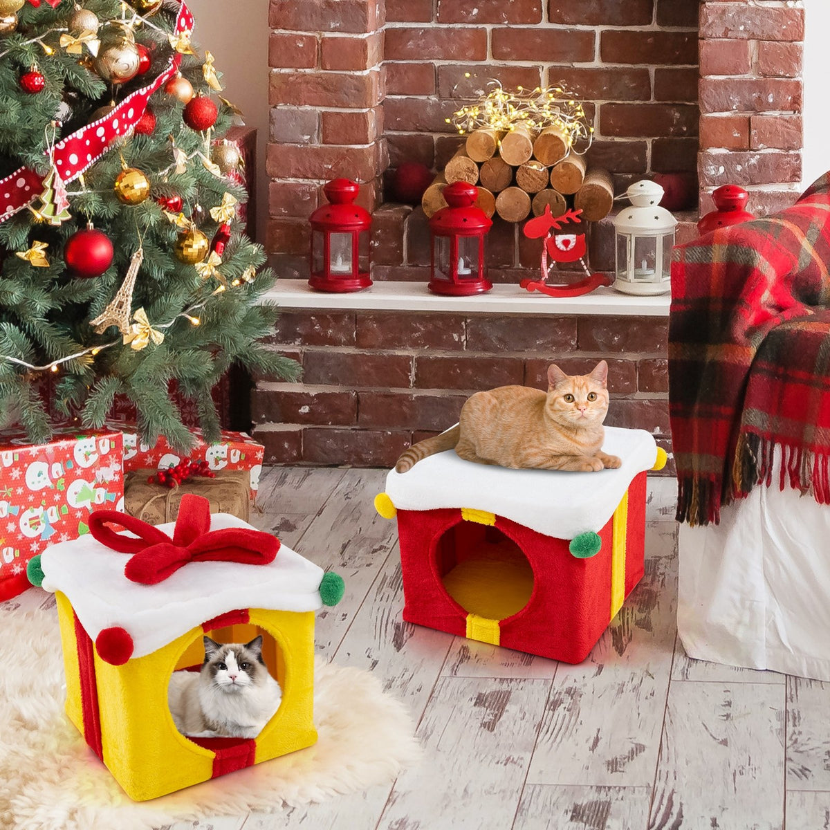 2 Gift Box Shaped Cute Christmas Cat House with Bow-Multicolor view 3