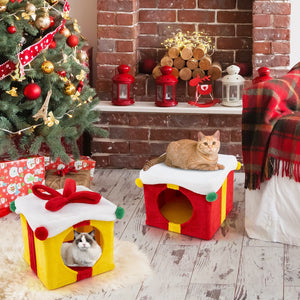 2 Gift Box Shaped Cute Christmas Cat House with Bow-Multicolor view 3