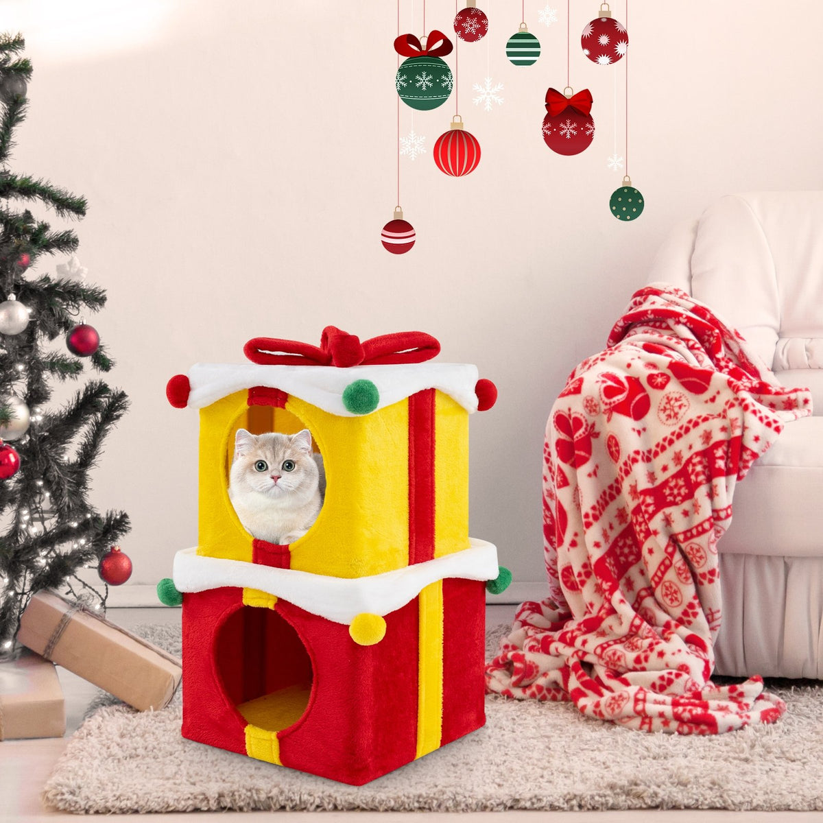 2 Gift Box Shaped Cute Christmas Cat House with Bow-Multicolor view 6