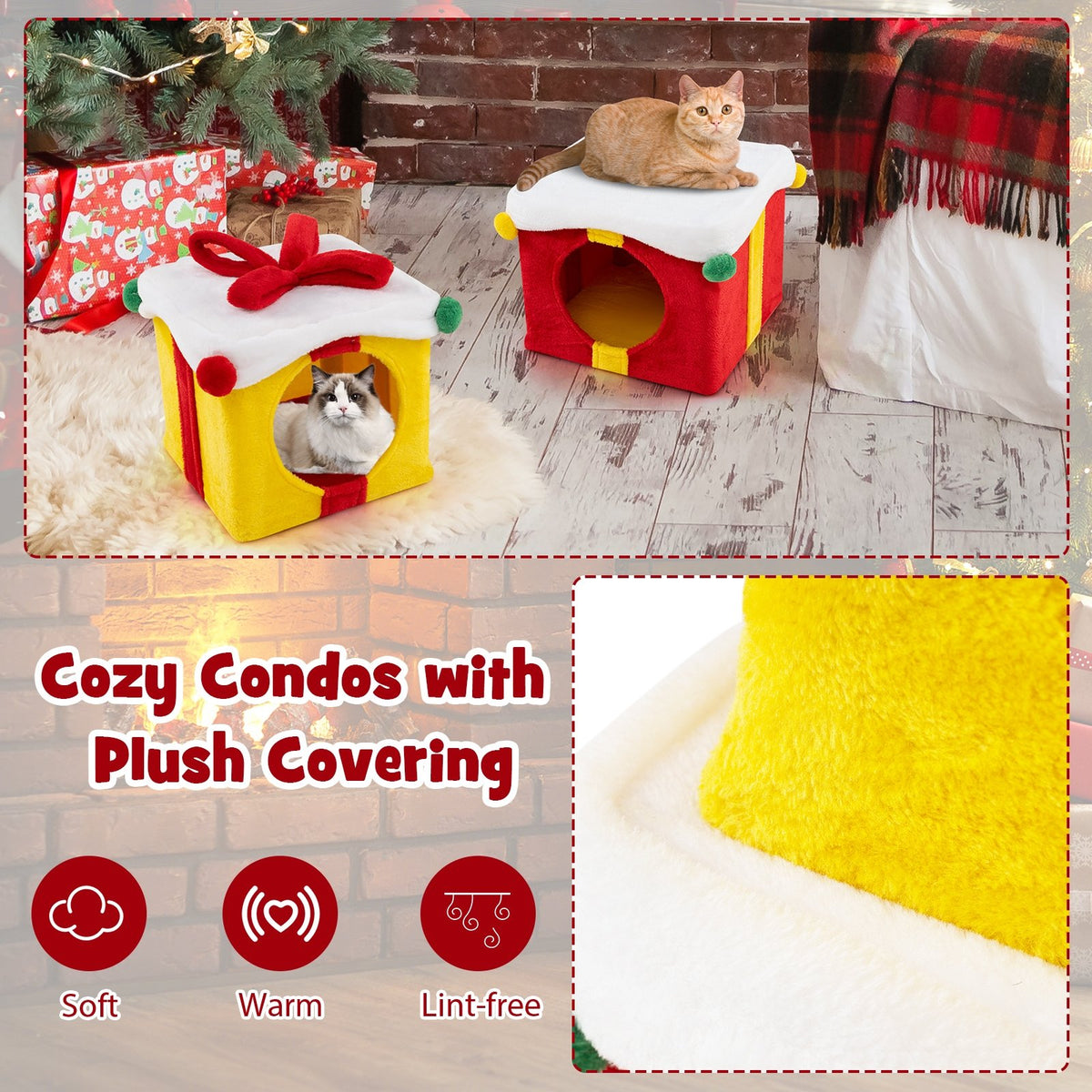 2 Gift Box Shaped Cute Christmas Cat House with Bow-Multicolor view 7