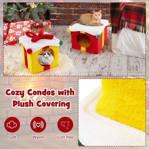 2 Gift Box Shaped Cute Christmas Cat House with Bow-Multicolor view 7