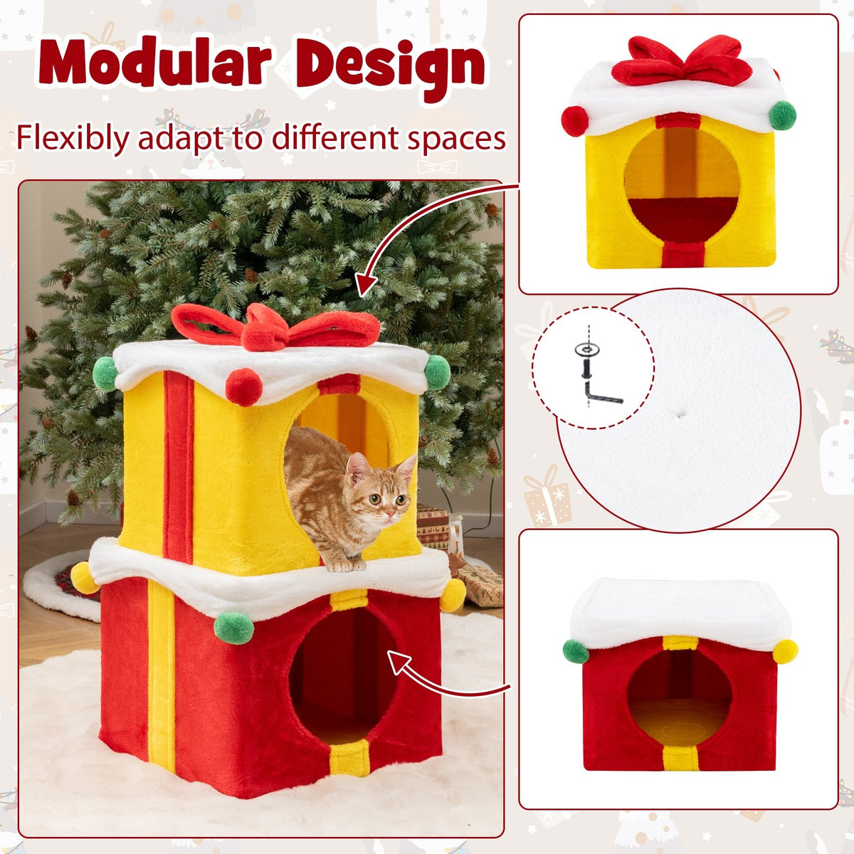 2 Gift Box Shaped Cute Christmas Cat House with Bow-Multicolor view 8
