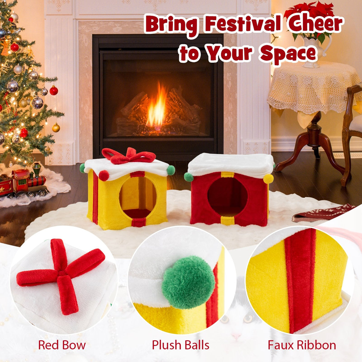 2 Gift Box Shaped Cute Christmas Cat House with Bow-Multicolor view 9