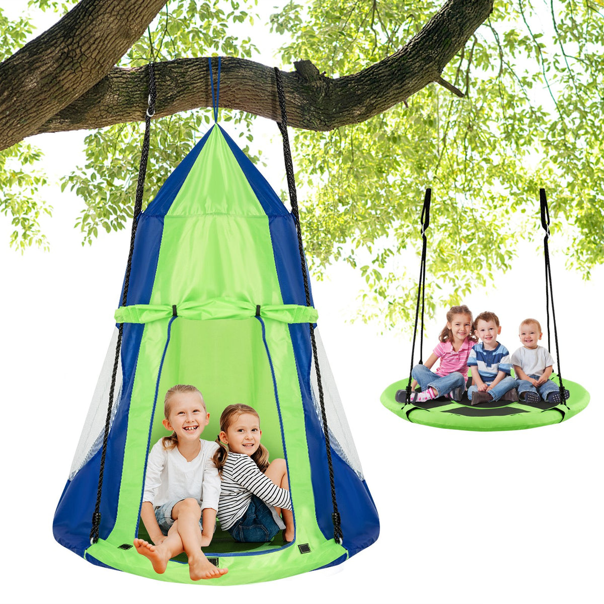 2-in-1 40 Inch Kids Hanging Chair Detachable Swing Tent Set-Green view 3