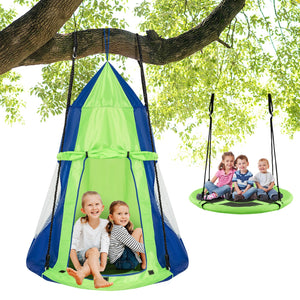 2-in-1 40 Inch Kids Hanging Chair Detachable Swing Tent Set-Green view 3