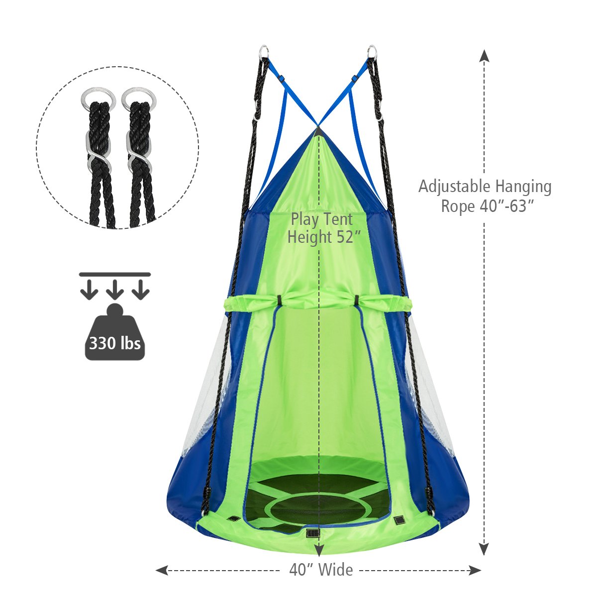 2-in-1 40 Inch Kids Hanging Chair Detachable Swing Tent Set-Green view 5