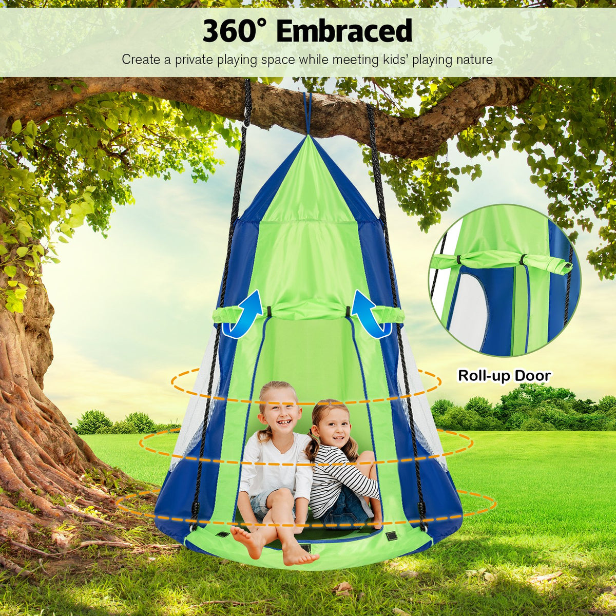 2-in-1 40 Inch Kids Hanging Chair Detachable Swing Tent Set-Green view 8