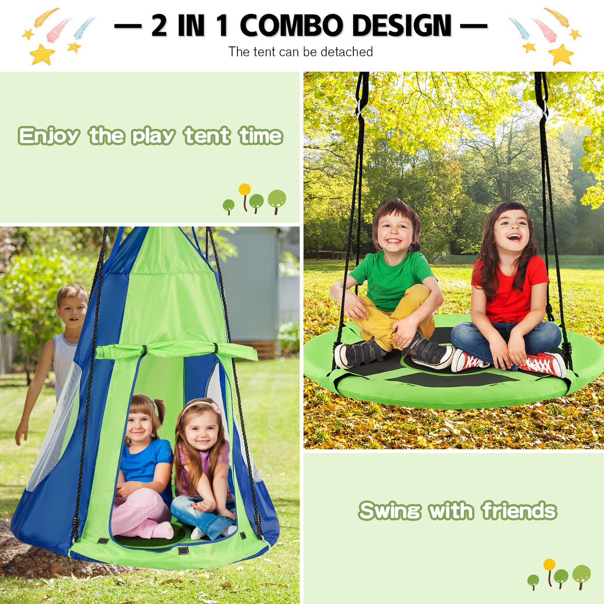 2-in-1 40 Inch Kids Hanging Chair Detachable Swing Tent Set-Green view 9