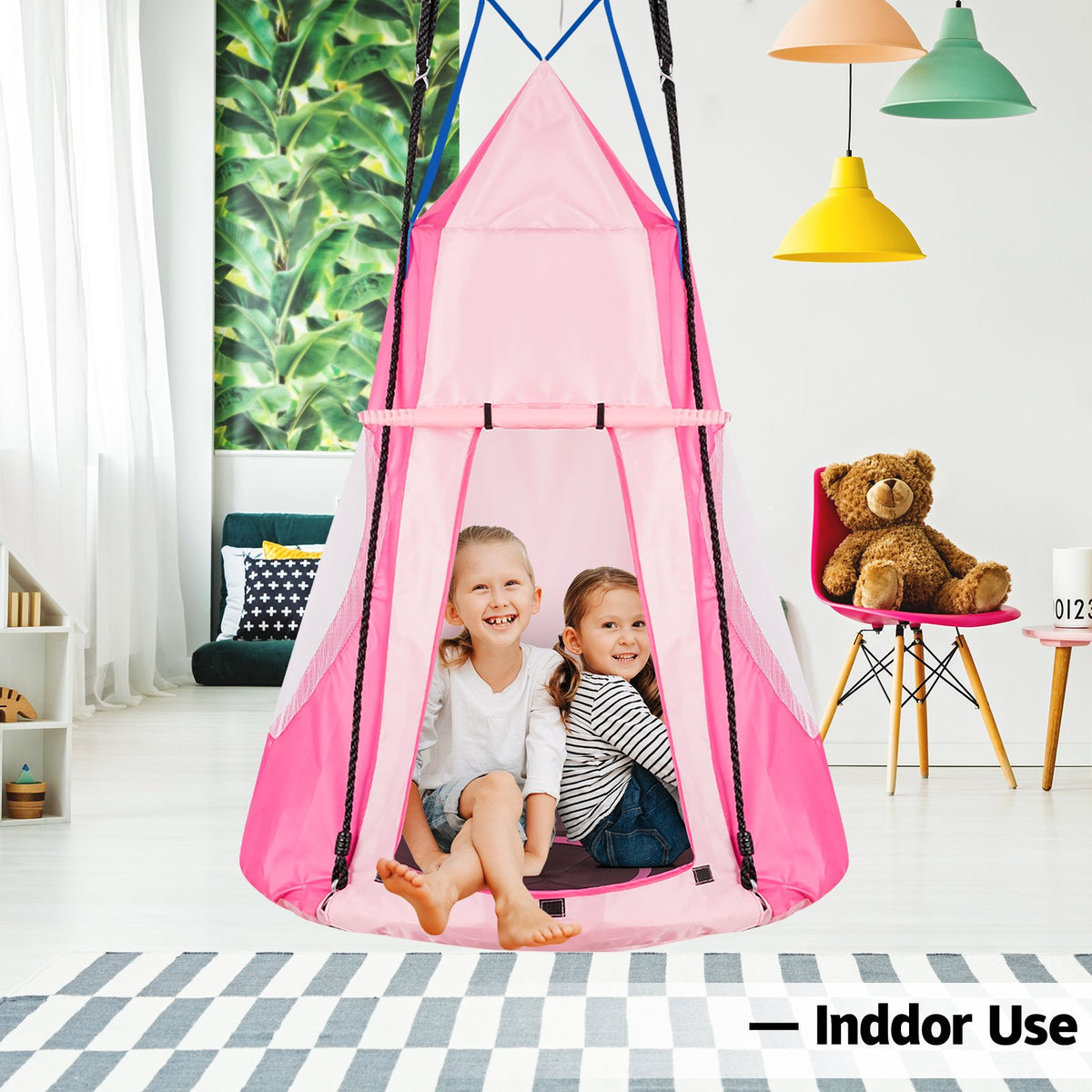 2-in-1 40 Inch Kids Hanging Chair Detachable Swing Tent Set-Pink view 3