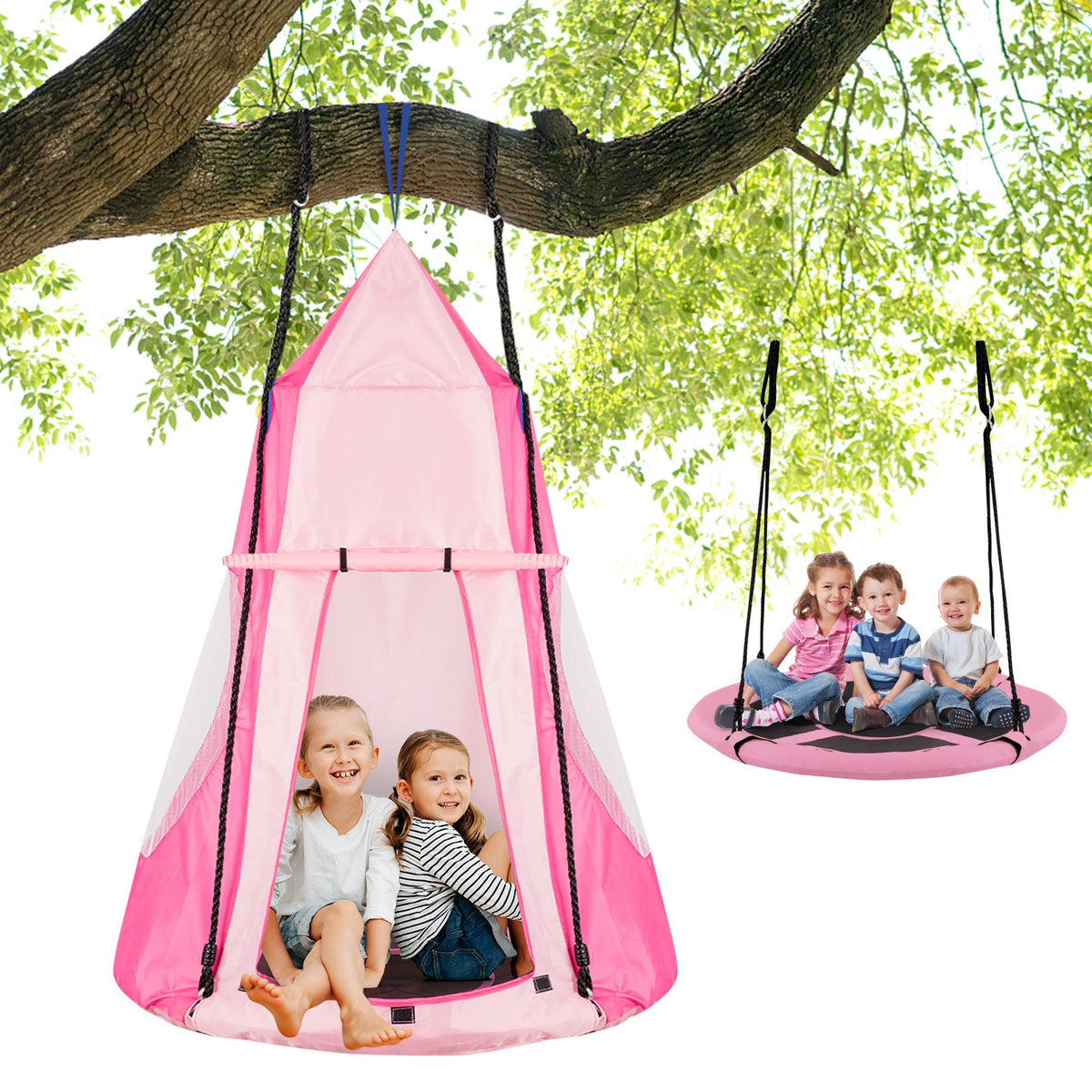 2-in-1 40 Inch Kids Hanging Chair Detachable Swing Tent Set-Pink view 6