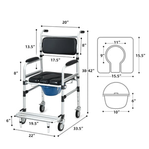 2-in-1 Aluminum Commode Shower Wheelchair with Locking Casters view 5