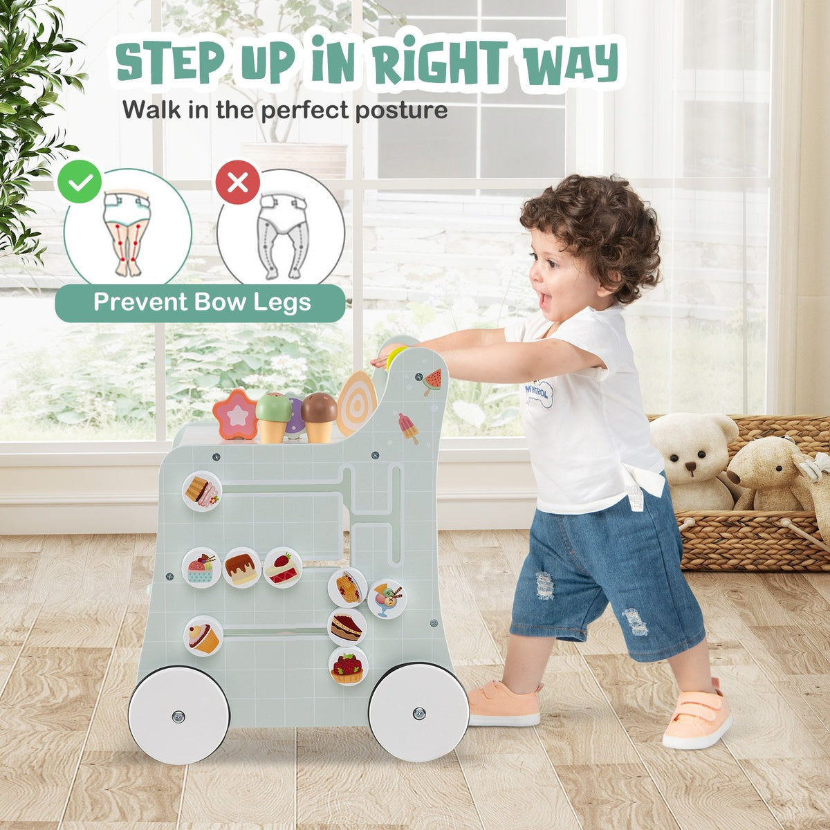 2-in-1 Baby Walker with Storage and Ice Creams for 1+ Years Old-Light Green view 5