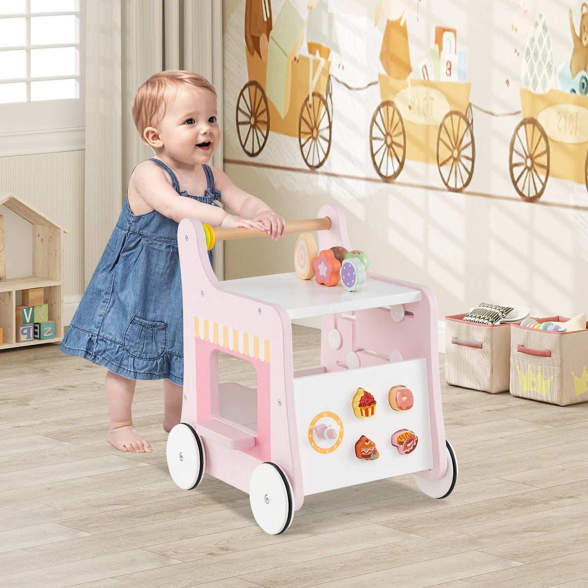 2-in-1 Baby Walker with Storage and Ice Creams for 1+ Years Old-Pink view 2