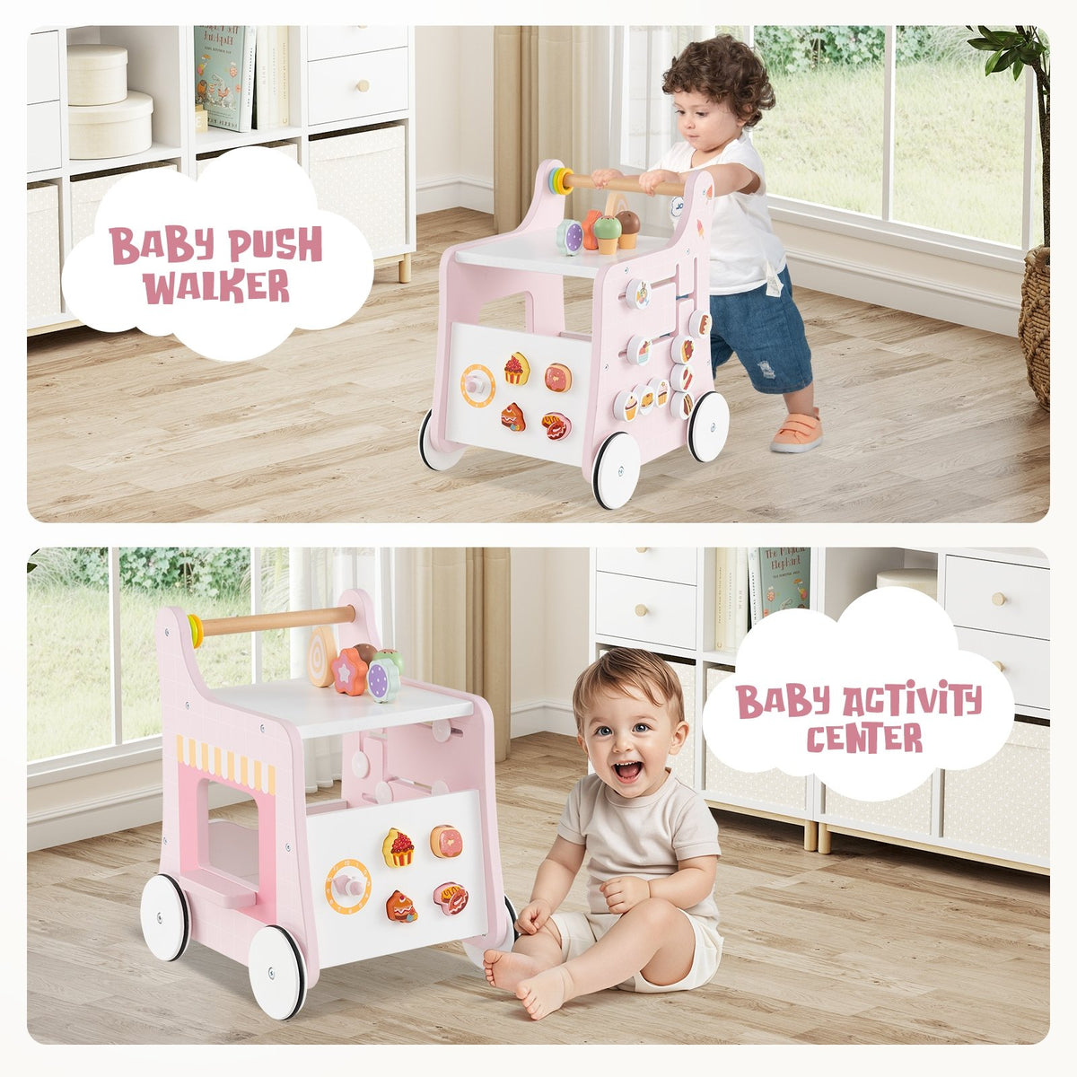 2-in-1 Baby Walker with Storage and Ice Creams for 1+ Years Old-Pink view 5