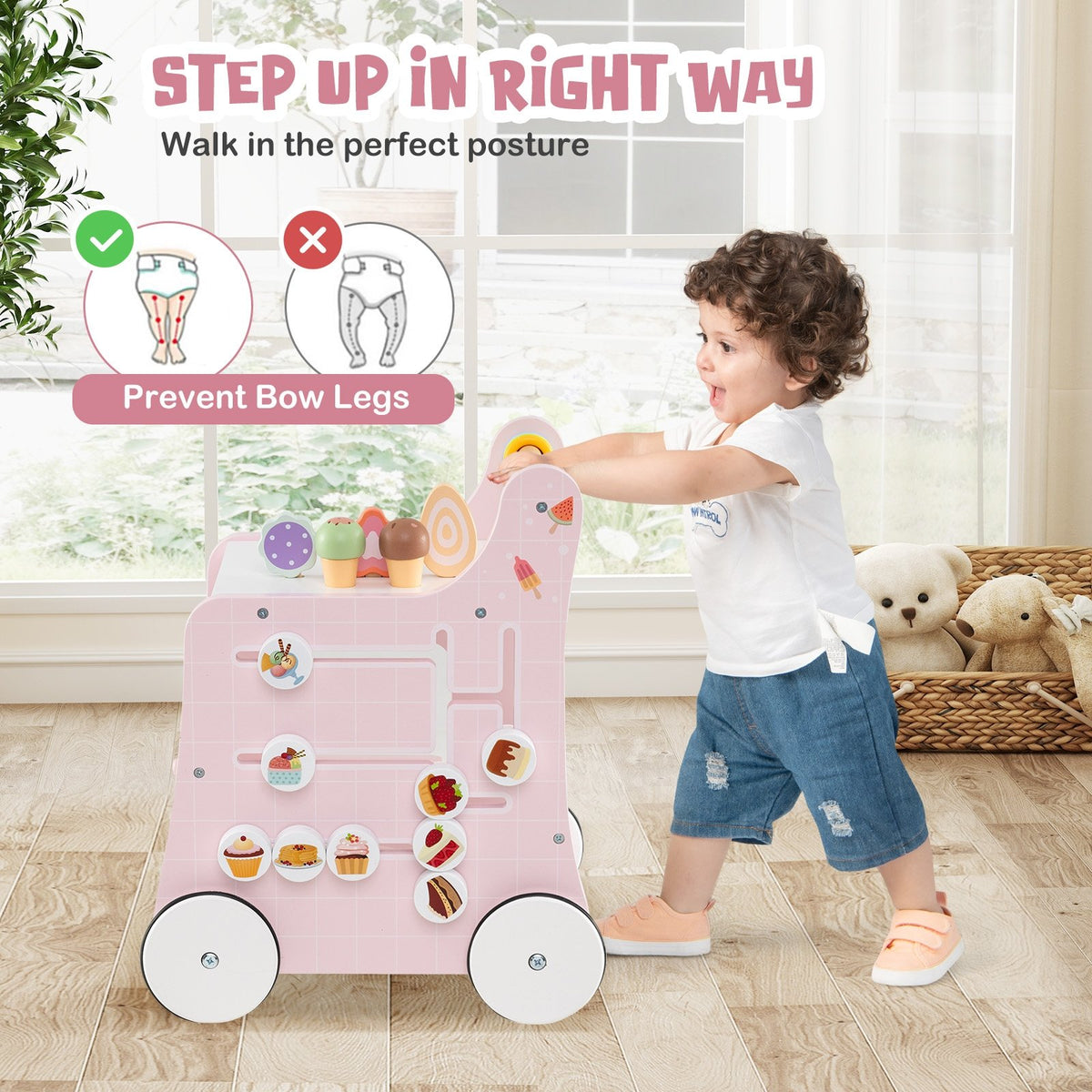 2-in-1 Baby Walker with Storage and Ice Creams for 1+ Years Old-Pink view 6